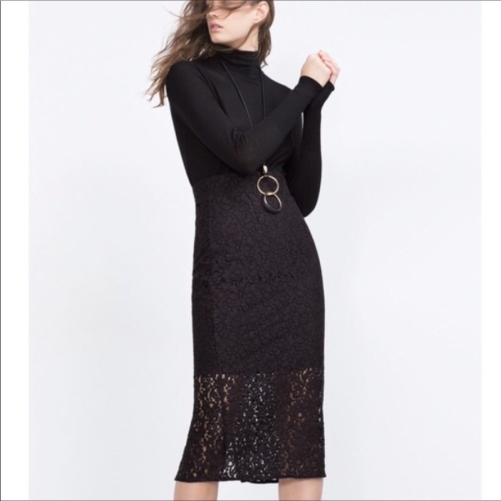 Zara Black Lace High-waist Midi Pencil Skirt